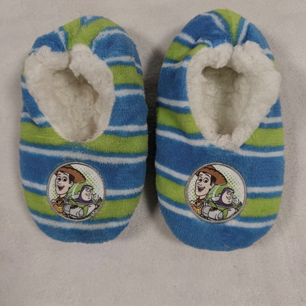 Kids Toy Story Slippers Blue Green Stripe Fuzzy Cozy Boys Girls Size Small